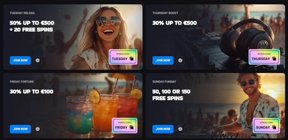 Luckyvibe promotional grid showcasing various deposit and reload bonuses